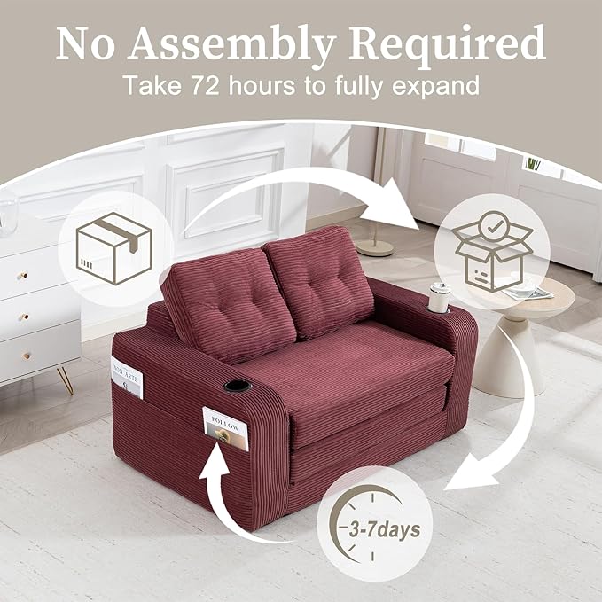 54 Convertible Sofa Bed 2-in-1 Boneless Sleeper Sofa with Cup Holder &amp Pocket Corduroy Pull Out Couch with 5 Pillows Couch Bed for Living Room Small Spaces Bedroom No Assembly