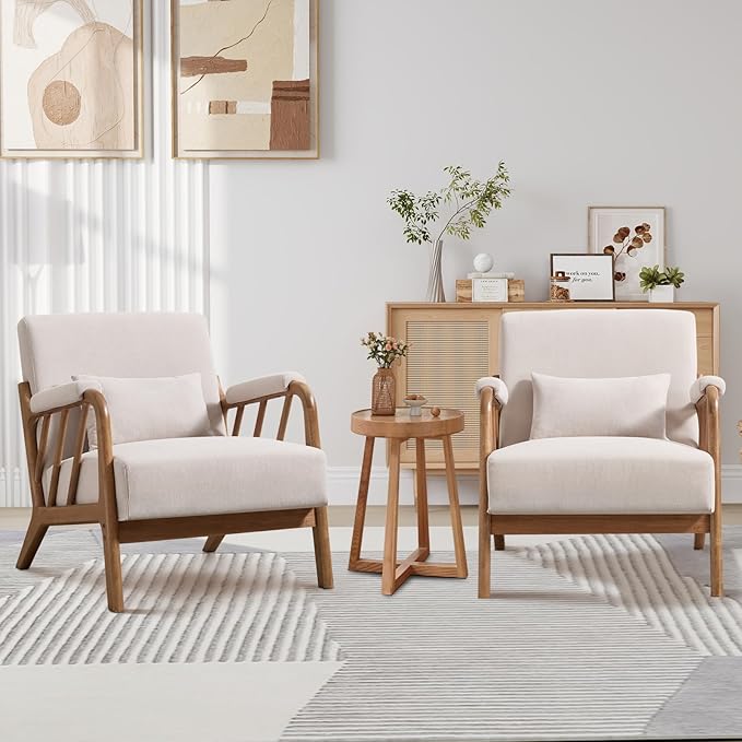 Bonzy Home Mid Century Modern Accent Chair Upholstered Arm Chair Solid Wood Comfy Reading Chairs with Lumbar Pillow for Living Room Bedroom Reading Room Beige 2PCS