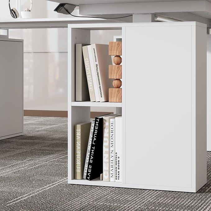 WOODTIME U-Shaped Electric Standing Desk with Drawer Doors &amp Open Shelves Height Adjustable Home Office Computer Stand up Desk with Storage White