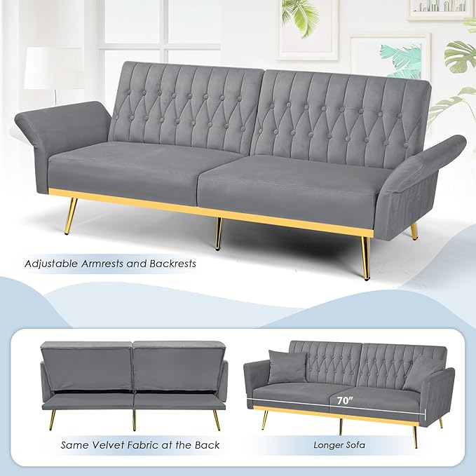 70 Velvet Futon with Adjustable Backrest and Armrests Sofa Bed with Extra Pillows for Waiting Room Living Room and Office Grey