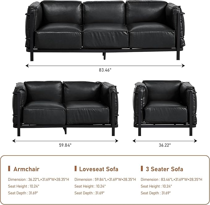 Minimalist Style 3 Seater Sofa Mid-Century Modern Faux Leather Sofa Couch with Fixed-Shape Iron Frame Upholstered Couch Chair for Living Room Office Apartment (Black Loveseat Sofa)