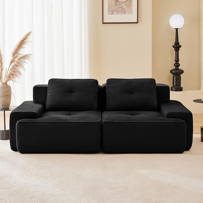 82 Modern Corduroy Boneless Love Seat Couches 2 Seater Large Sectional Couches for Living Room Black Cloud Modular Sectional Sofa Memory Foam Extra Deep Loveseat No Assembly