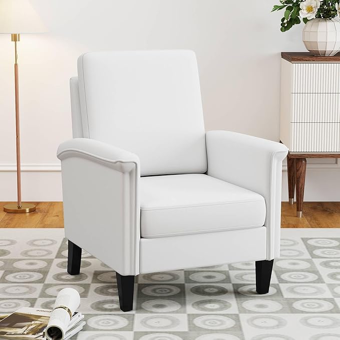 GOFLAME Modern Accent Chair Comfy Upholstered Armchair with Rubber Wood Legs and Thick Padded Cushion High Back Single Sofa Chair Reading Side Chair for Living Room Bedroom White