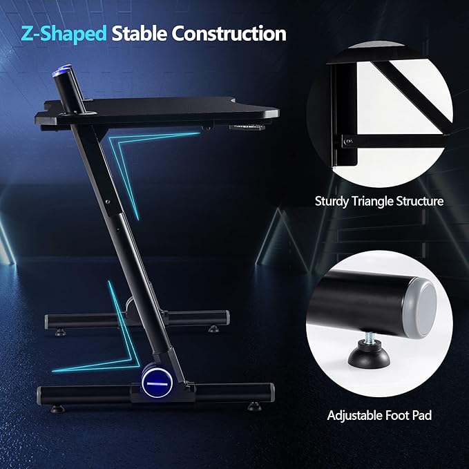 Tangkula Gaming Desk Height Adjustable Computer Desk w/Blue LED Lights Gaming Handle Rack &amp Cup Holder Z-Shaped Ergonomic Home Office Gamer Desk w/Carbon Fiber Texture (Black)