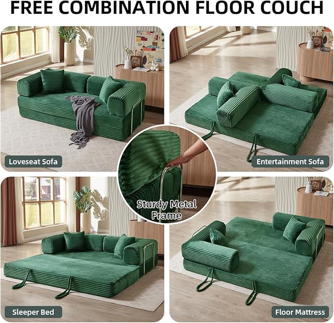81 Inch Convertible Folding Sofa BedFold Out Floor Sofa Couch with Fixed-Shape FrameCorduroy Foldable Mattress Cloud Couch for Living Room Bedroom (Green)