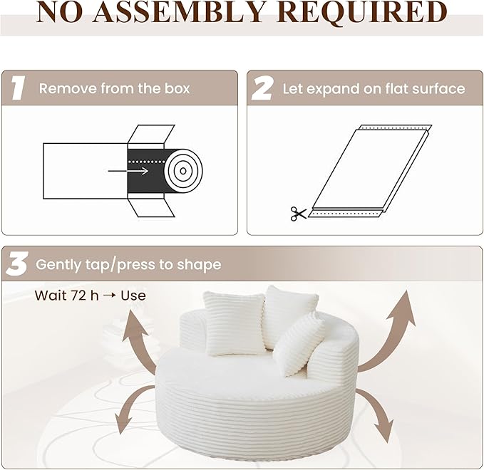WJShome Oversized Round Chair Lounge Chaise IndoorUpholstered Corduroy Sofa Bed with 3 PillowsComfy Sleeper Boneless CouchDeep Seat Couches for Living Room Beige