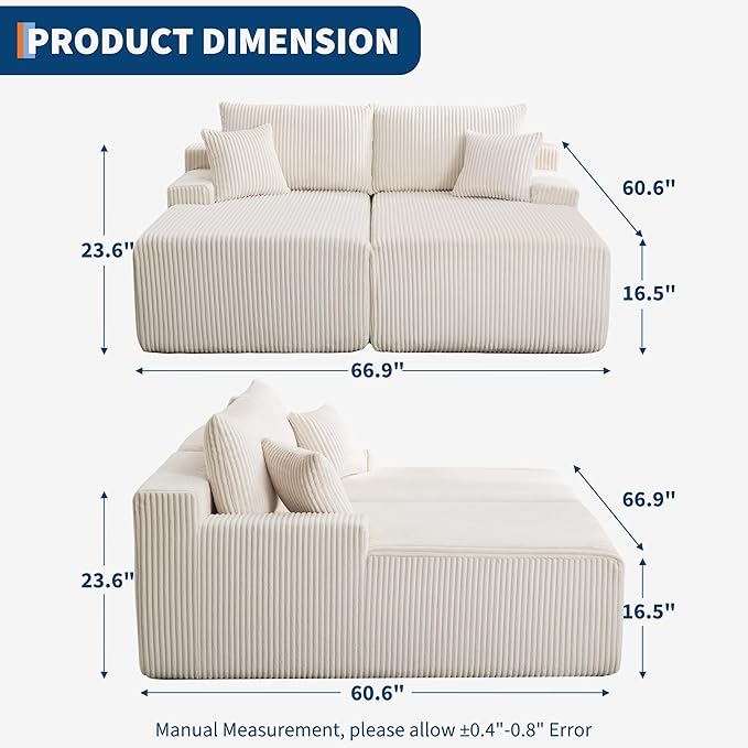 Oversized Chaise Lounge Chair 67 * 61 Indoor Double Cloud Boneless Couch with 4 Pillows Armrests Deep Seat No Assembly Required Comfy Corduroy Sleeper Sofa Bed for Living Room