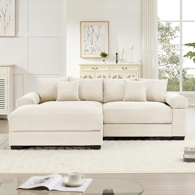 92 Corduroy Sectional Couches for Living Room Beige Comfy Oversized Sectional Sofa Set with Deep Seat Large Love Seat Couches with 1 Ottoman Sofas para Sala Loveseat Couch with Chaise Lounge