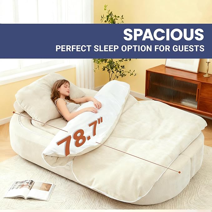 78.74 Convertible Sofa Bed Folding Loveseat Sleeper Sofa 2 in 1 Chenille Floor Couch Bed Foam Compressed Sofa with Pillows &amp Blanket for Living Room Apartment Studio Office (Beige)