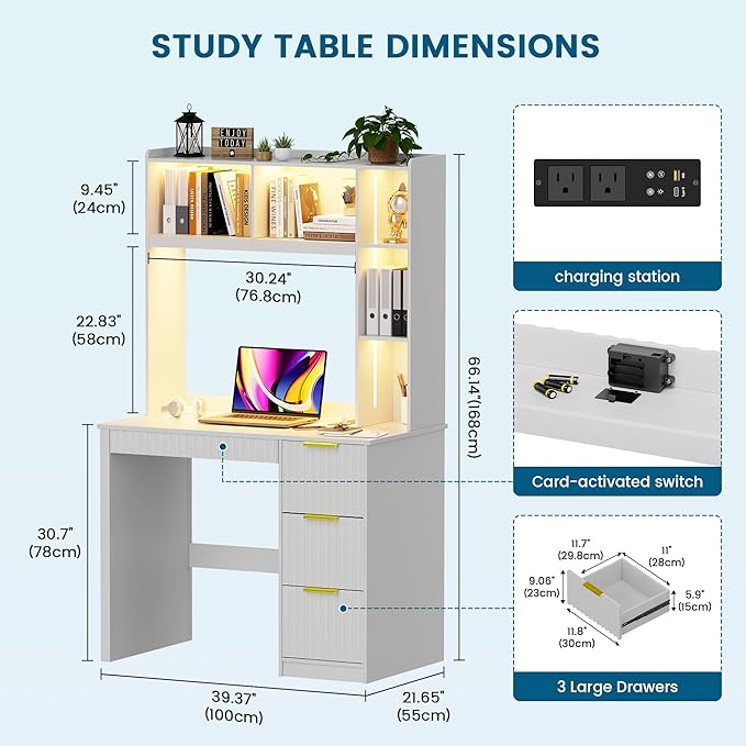 Home Office Desk with Hutch &amp LED Lights - 39 Computer Desk with Charging Station 3 Large Drawers Hidden Compartment &amp Fluted Panel DesignWhite Writing Desk for Bedroom Study