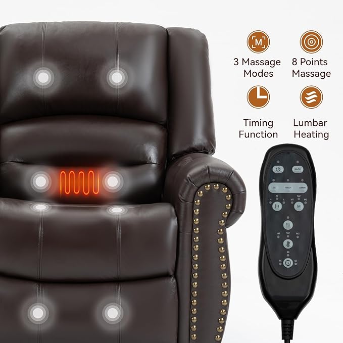 Genuine Leather Power Lift Recliner Chair Lazy Boy Recliner Chair with Charging Ports for Living Room Theater Seating Electric Single Sofa with Round Armrest Dark Brown