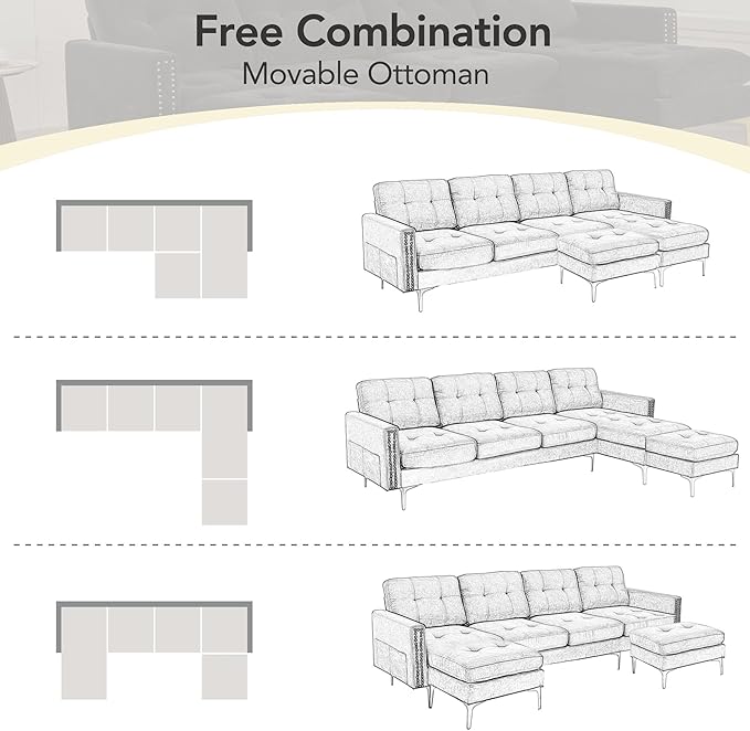 Polibi Luxury Velvet Convertible L-Shaped Sectional Sofa with Movable Ottoman 5-Seater Modern Couch with Storage Pockets for Living Room Apartment &amp Office (Black)