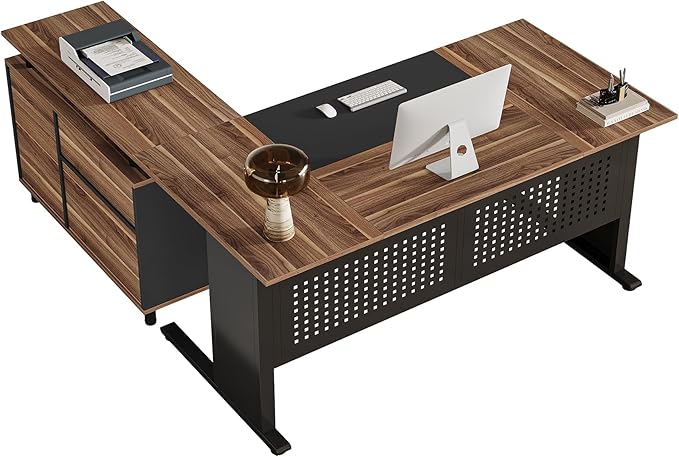 Tribesigns 63-Inch L-Shaped Executive Desk with Storage Shelves Large Office Computer Desk with Drawers and File Cabinet Industrial Business Workstation for Home Office Brown and Black