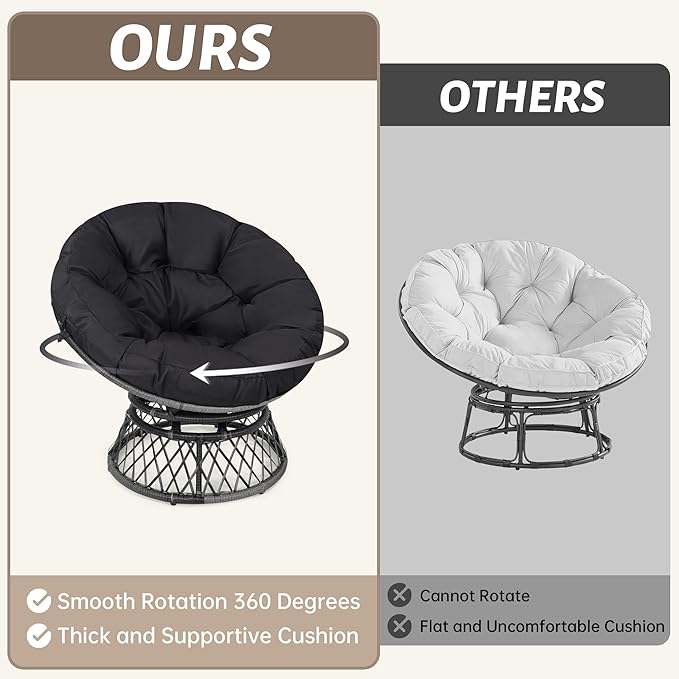 40 Ergonomic Wicker Papasan Chair 360° Swivel Indoor Outdoor Rattan Chair with Soft Thick Cushion Ideal for Living Room Bedroom Reading Room Grey Frame with Black Cushion