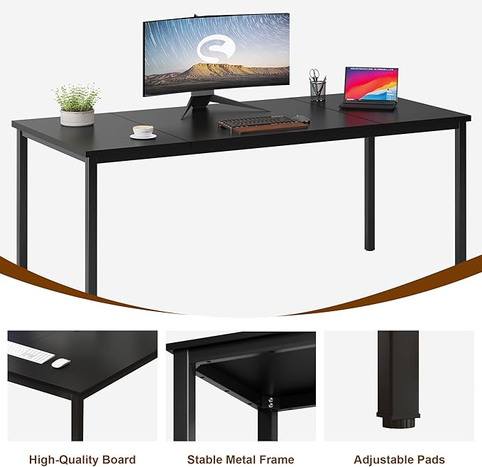 Need 70.8 Inch Sturdy Computer Desk Large Study Student Writing Desk Simple Style PC Workstation with Black Metal Frame for Home Office Black