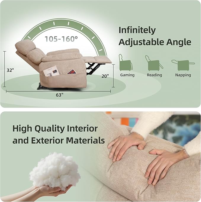 Claiks Oversized Recliner Chair Manual Recliner Chairs for Adults Reclining Chair with Thick Seat Cushion and Backrest for Living Room (Polyester Light Coffee)