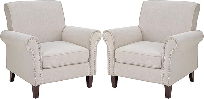 PrimeZone Comfy Accent Chair Set of 2 Mid-Century Modern Fabric Living Room Chair Reading Chair with Soft Cushion Nailhead Trim &amp Rolled Armrest Arm Chair Sofa Chair for Bedroom Waiting RoomBe