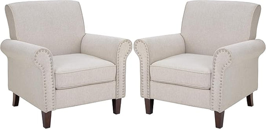 PrimeZone Comfy Accent Chair Set of 2 Mid-Century Modern Fabric Living Room Chair Reading Chair with Soft Cushion Nailhead Trim &amp Rolled Armrest Arm Chair Sofa Chair for Bedroom Waiting RoomBe