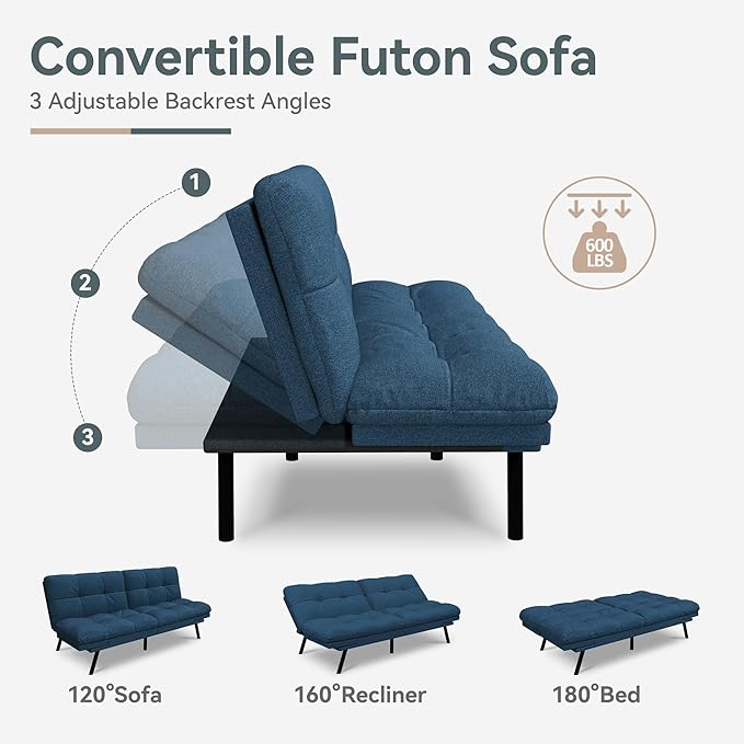 Futon Sofa Bed Convertible Couch Blue Linen Sofa Bed with Memory Foam Adjustable Backrest &amp Armrests Multifunctional Small Loveseat Sleeper Sofa for Living Room Apartment Office