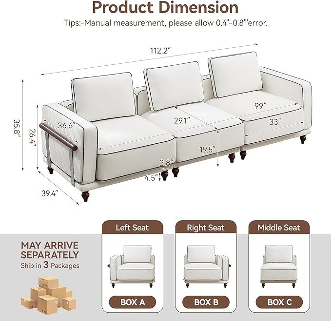 112 Modular Sectional Sofa Oversized 3-Seater Cloud Couches for Living Room Comfy Deep Seat Sofa with Wooden Leg Armrets Chenille White