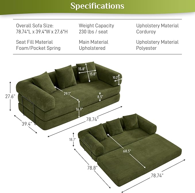 Convertible Sofa Bed Corduroy Memory Foam Compression Sofa Modular Floor Sofa with Pull-Out Bed Compressed Couch in Box Folding Sleeper Couches Bed for Living Room Bedroom Lounge Olive Green
