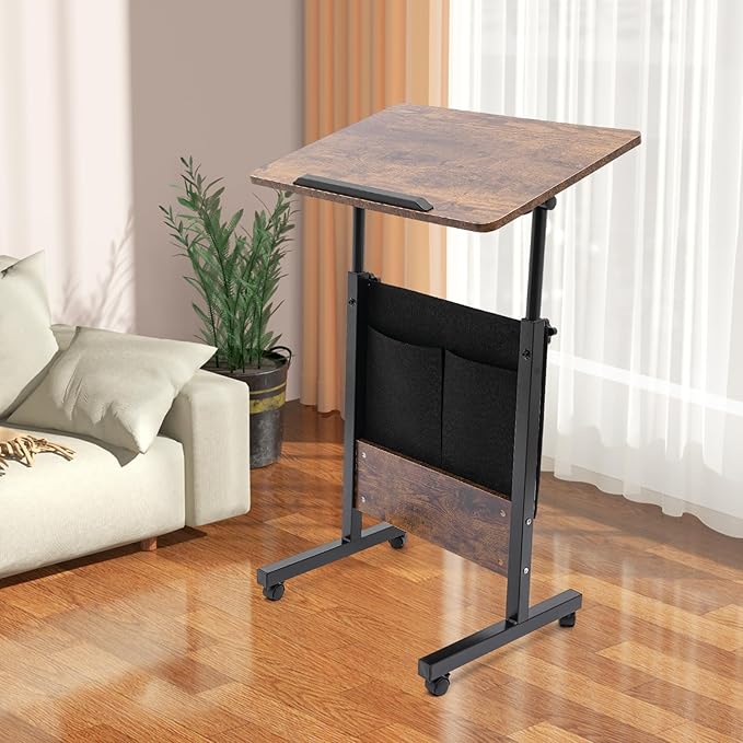 Adjustable Height Standing Desk Portable Laptop Desk with Swivel Wheels and Bag 180° Adjustable Tilt Angle Ideal for Home Office Small Space (Brown Black)