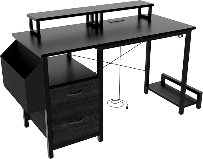 Home Office Desk with Side Pocket and Drawers Modern Computer Desk for Small Space Bedroom 47 Inch Gaming Desk with Power Outlet &amp 2 Movable Monitor Shelves (Black)