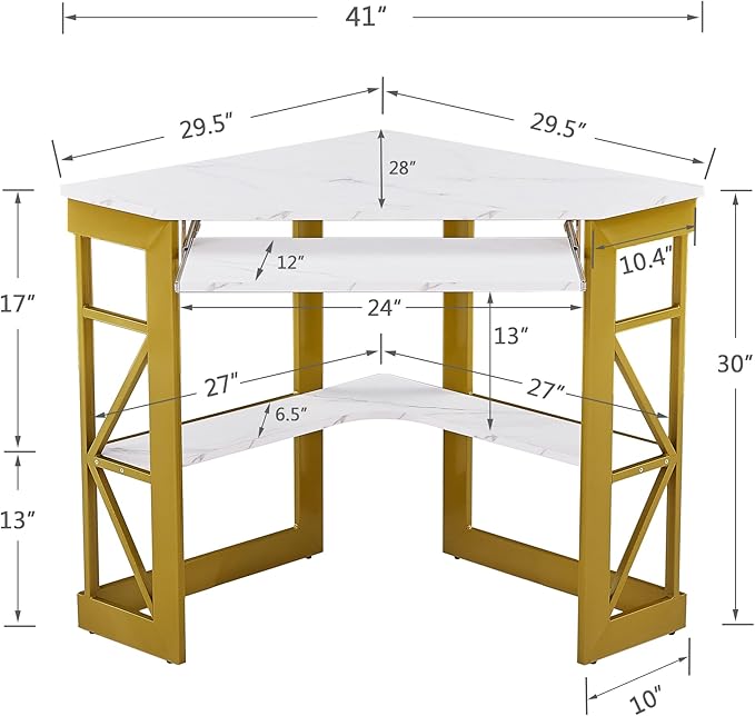 VECELO Corner Desk Computer Desk Writing Table with Smooth Keyboard Tray &amp Storage ShelvesCompact Home Office Triangle TableGold &amp White
