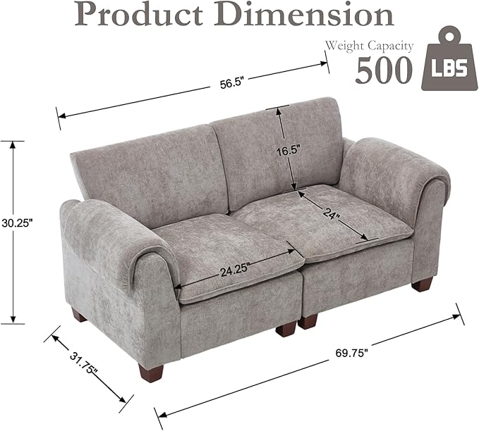 VESCASA 56.5 Inch Love Seat Sofa 2 Seater Modular Cloud Couch with Waterfall Armrest and Back Cushion for Living Room Apartment Lounge Grey Chenille