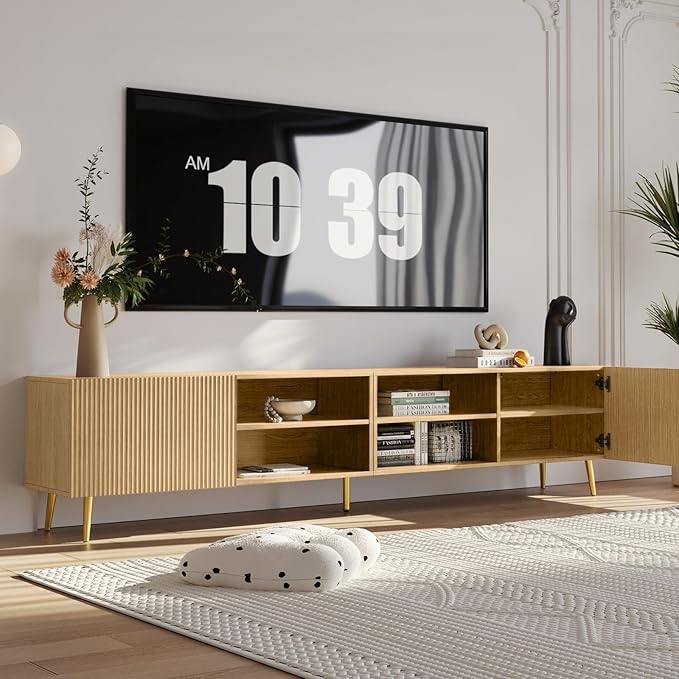 Modern 86in TV Stand for Living Room Fluted Design Entertainment Center with Adjustable ShelvesMedia TV Console Table with Storage for BedroomNature