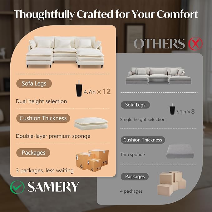 SAMERY 111 U Shaped Couch Cloud Sofa Modular Sectional Couch with 2 Large Ottomans Beige 3 Seater Chenille Oversized Deep Seat Sectional Sofa with Pillows for Living Room Bedroom Apartment