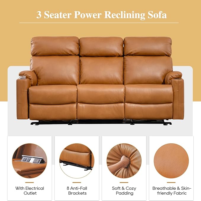 Power Reclining Sofa - 3 Seater Recliner Sofás PU Leather Sofa Home Theater Seating with Flipped Middle Backrest Power Recliner Couch for Living Room(Brown)
