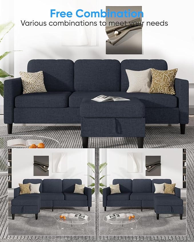 76 Inch L Shaped Sectional Sofa Modern 3 Seater Couch with Storage Ottoman Linen Convertible Sectional L Shape Couches for Living Room Apartment and Small Space