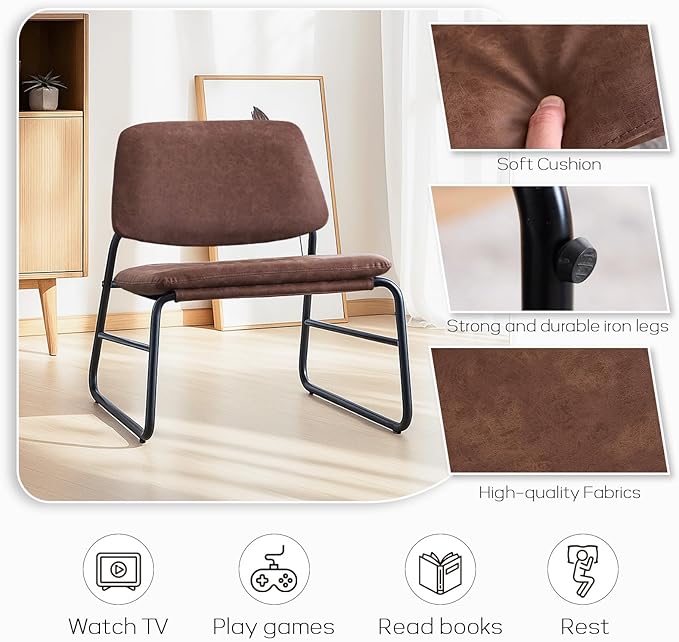 Joysoul Suede Fabric Wrought Iron Armless Accent Chair - Tufted Backrest Premium Upholstery &amp Sturdy Frame Modern Living Room/Reading Chair for Apartments Bedrooms (Brown)