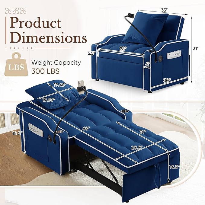 Convertible Sleeper Chair Sofa Bed3 in 1 Velvet Tufted Pull Out Couch with Phone Holder &amp USB PortsFuton Small Couch Bed with Cup Holders &amp Adjustable Backrest for Living RoomSmall Place(Bl