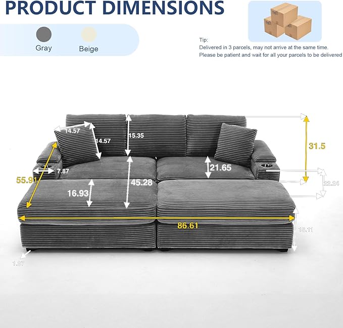 86.6 Sectional Sofa Couch with 2 Ottomans Comfy Corduroy Upholstered Cloud Modular Convertible Couch with Cup Holders and USB Armrest Storage Deep Seat Oversized Loveseat for Living Room Grey