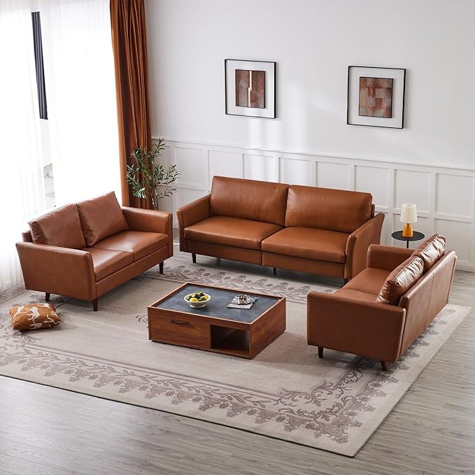 Kingfun Living Room Furniture Sets 3 Seater Sofa Loveseat and Loveseat Mid Century Modern Sofa Set Faux Leather Couch with Solid Wood Frame for Living Room &amp Bedroom Chestnut