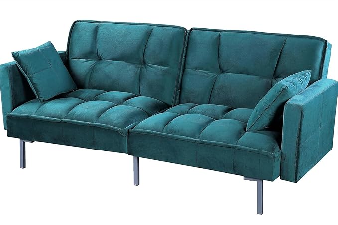 Regal 75.6 Velvet Convertible Sofa Bed - Mid-Century Sleeper Couch w/Tufted Design &amp Metal Legs - Pull-Out Futon for Guests/Home (75.6 W x 34.6 D x 32 H) Blue