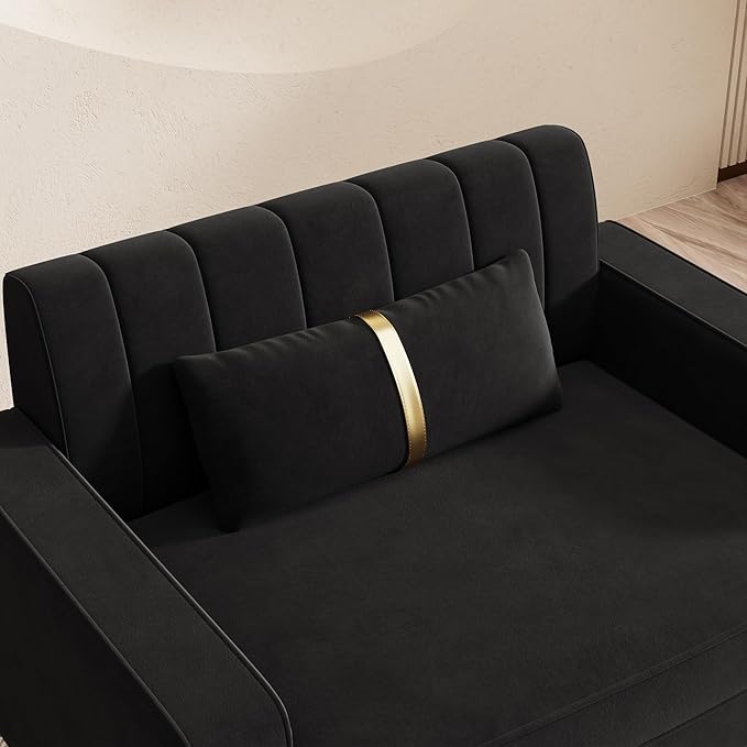 48.62 Modern Velvet Single Sofa Chair Upholstered Comfy Couch with Gold Metal Legs (Black-1 Seater)