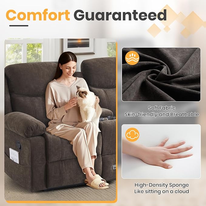 Reclining Loveseat with Console Loveseat Recliner Sofa with Massage &amp Heating RV Wall Hugger Double Loveseat Recliner Couch for Living Room &amp Home Theater (Chenille-Brown-2)
