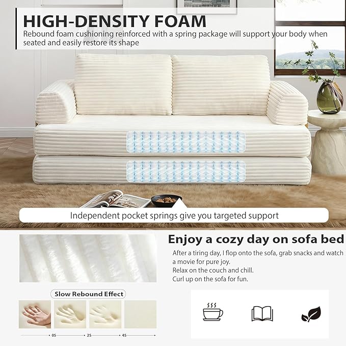 Convertible Folding Sofa Bed Modern Futon Sleeper Sofa Fold Out Couch Bed with Gold Fixed Frame Modular Floor Sofas Comfy Corduroy Boneless Couches for Living Room (80 Beige)