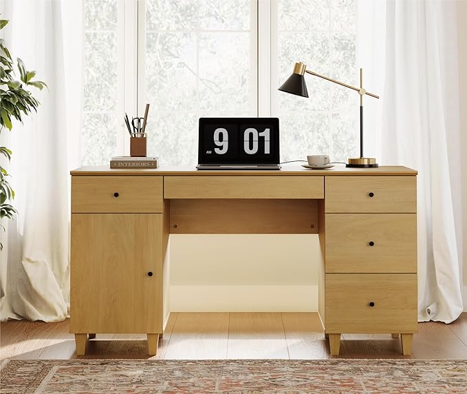 WAMPAT Wood Desk with Drawers &amp Storage Cabinet 58 Inch Modern Wooden Executive Desk with Charging Station Home Office Large Computer Desk Work &amp Study Writing Desk Oak Wood