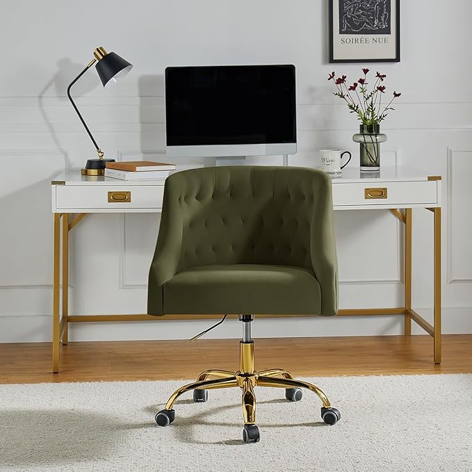 TINA'S HOME Velvet Home Office Chair with Gold Base Comfortable Modern Cute Desk Chair Adjustable Swivel Task Chair for Living Room Bedroom Vanity Study Moss
