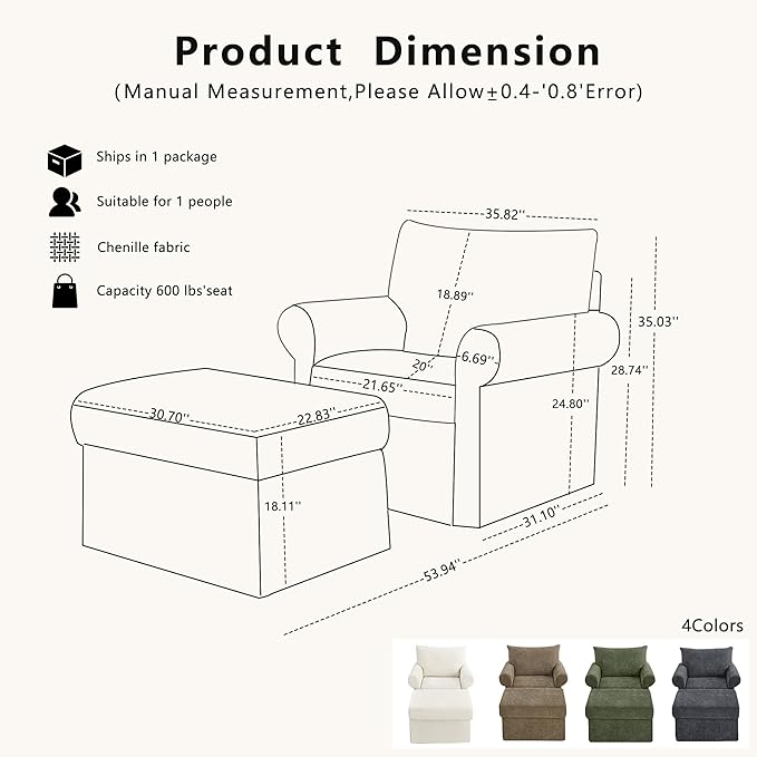 Living Room Chairs with Ottoman Small Accent Chair for Bedroom Single Sofa Couch with Chenille Fabric for Apartment and Small Places (Beige)