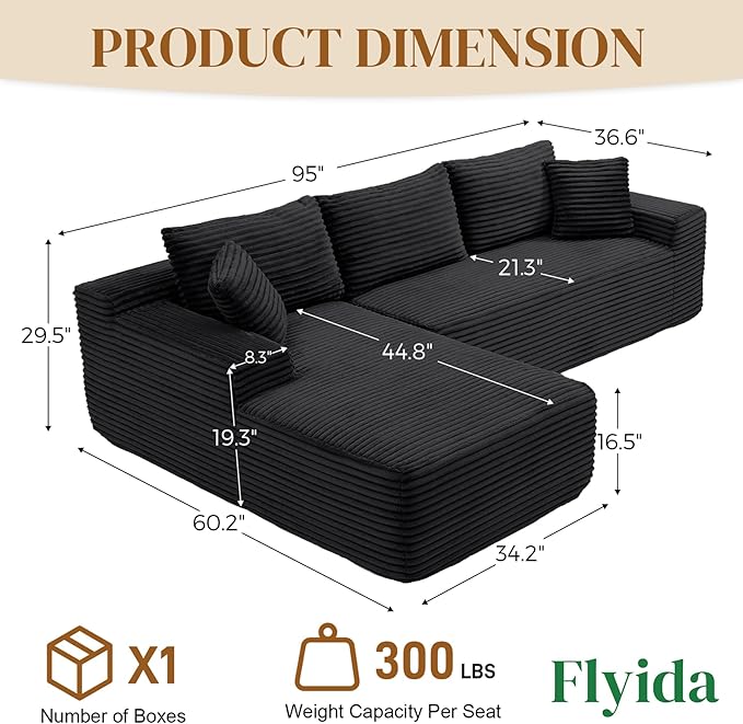 95 Boneless Cloud Sectional Couches for Living Room Comfy Fluffy L Shaped Memory Foam Deep Seat Boneless Couch Modular Sectional Sofa with Left Facing Chaise Black