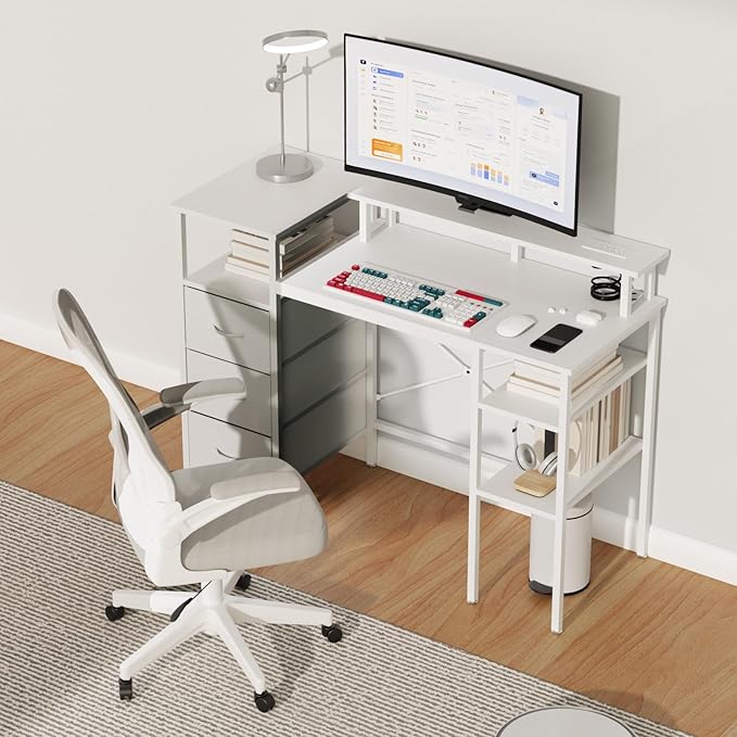 VINGLI 47 Inch L-Shaped Computer Desk Small Computer Gaming Desk with Fabric Drawers &amp Storage Shelves Charging Station Monitor Stand for Home Office White