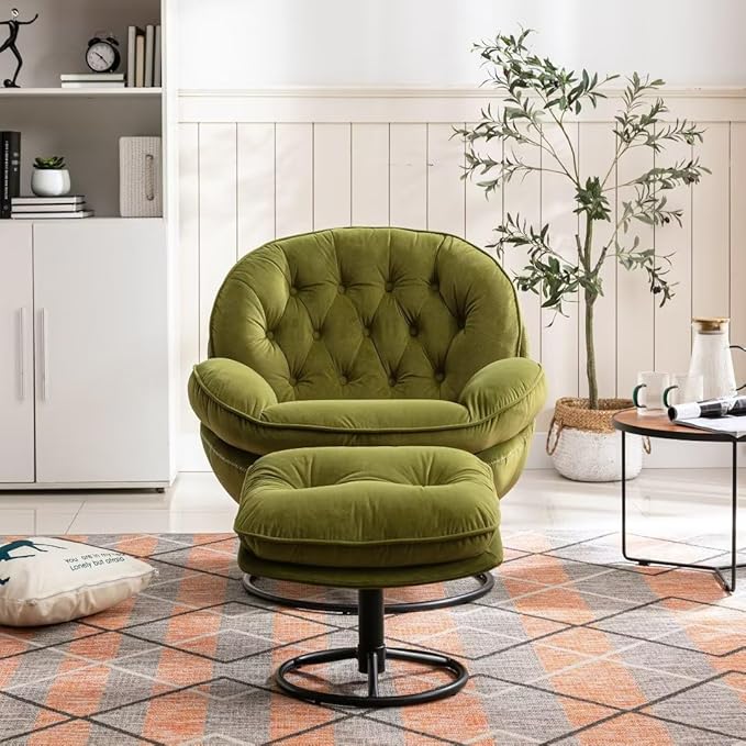Velvet Swivel Accent Chair with Ottoman Modern Lounge Chair with Metal Base Frame &amp Footrest Comfortable Leisure Single Sofa Chair Reading Chair with 360 Degree Swiveling for Living Room Olive