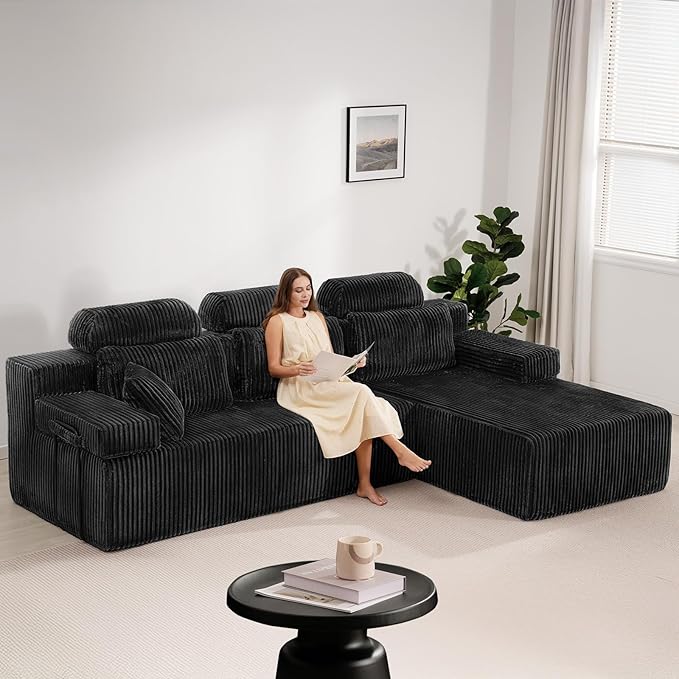 106’’ Sectional Couch with High Backrest L-Shape Modular Sectional Sofa Convertible Left or Right Chaise Cloud Corduroy Boneless Couches Comfortable for Living Room(Black)
