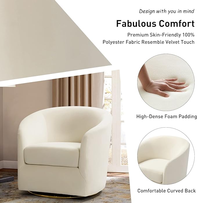 HULALA HOME Swivel Accent Chair with Gold Metal Base Set of 2 Contemporary Velvet Curved Swivel Barrel Chair Upholstered Club Armchair Leisure Single Sofa for Living Room Nursery Bedroom(Ivory)