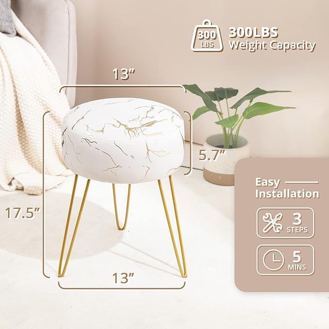 LUE BONA Vanity Stool Gold Vanity Stools for Makeup Room Round Ottoman Foot Stool Velvet Footrest Vanity Chair for Bathroom Vanity Bedroom Living Room Entryway Offices 300lbs